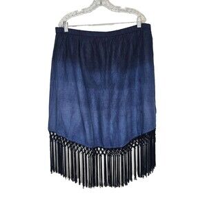 SOFT SURROUNDINGS Blue Ombre Skirt XL Petite Fringe Pull On Midi Boho Western